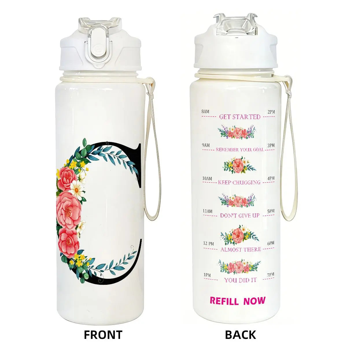 Front and back views of a white insulated straw tumbler for hydration