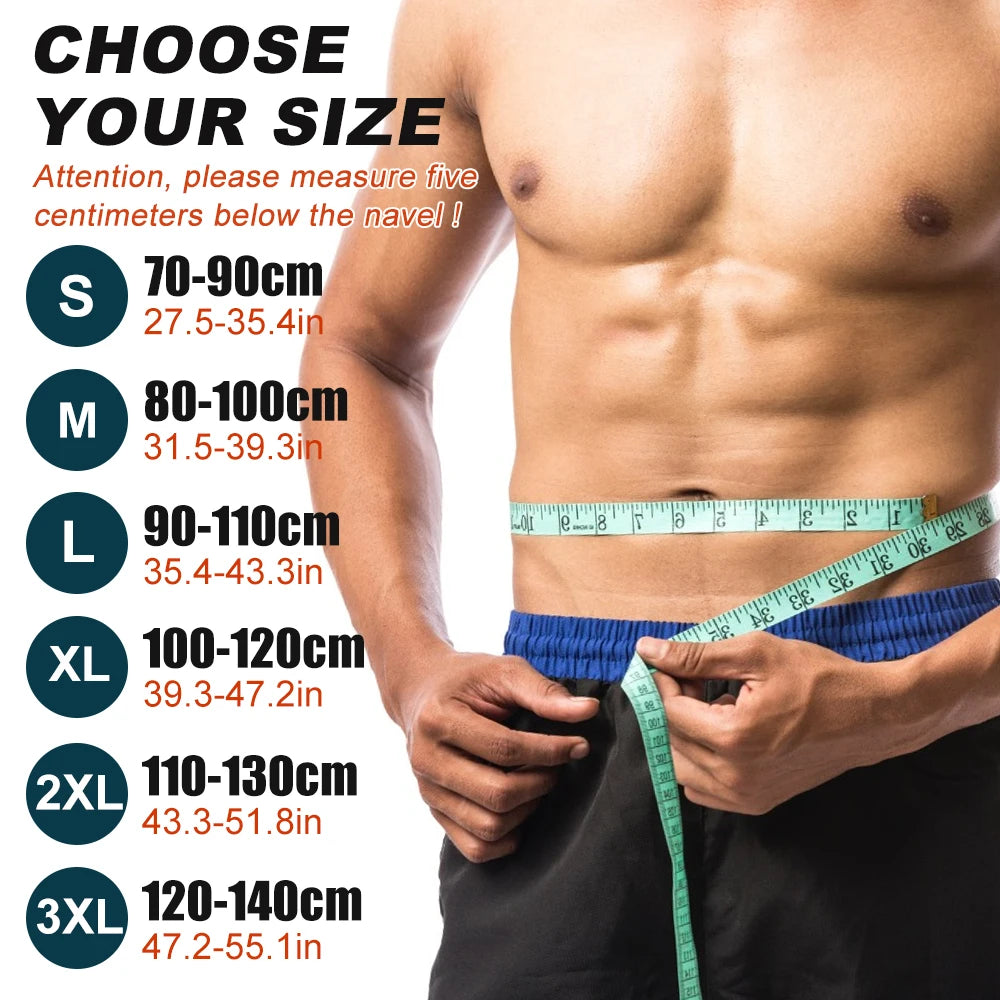 A person demonstrates various sizes of a black garment, showing measurements for S through 3XL.