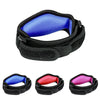 Three silicone tennis elbow support braces in blue, red, and purple shown from the top view.