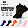 A variety of professional sports socks in different colors including blue, black, orange, white, and pink are displayed.