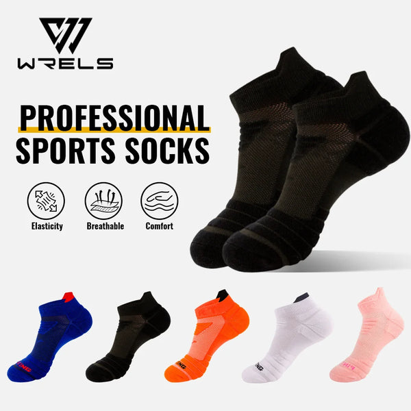 A variety of professional sports socks in different colors including blue, black, orange, white, and pink are displayed.