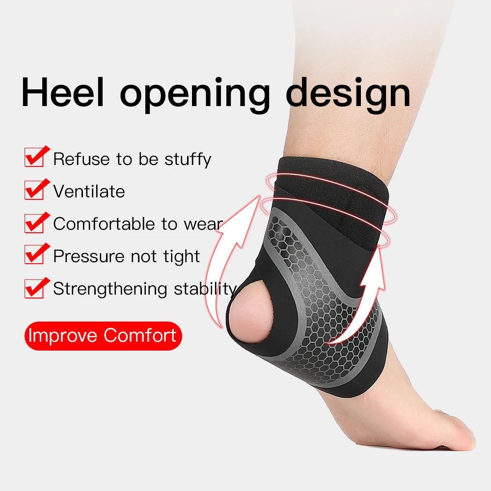 A black compression brace designed with a heel opening for ventilation and stability on a foot.
