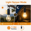A light sensor mode camping lantern is shown with solar charging capabilities and a 7-15 hour runtime.