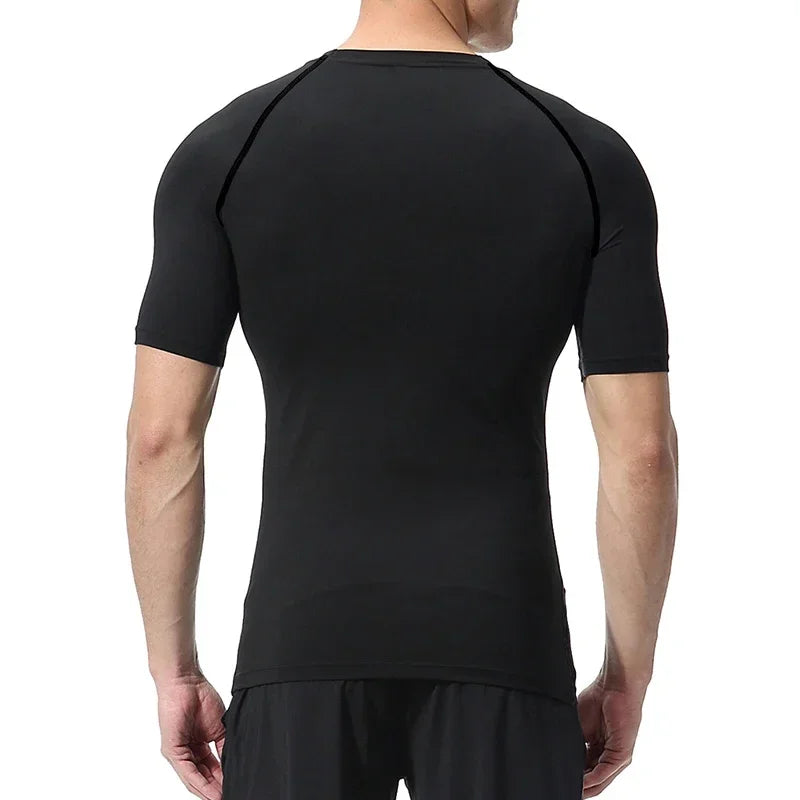 Black men's performance compression t-shirt shown from the back
