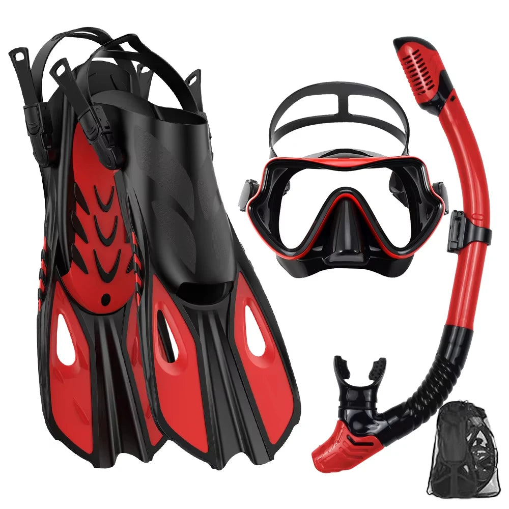 Premium 3-in-1 Snorkeling Set with Panoramic Mask, Dry Snorkel, and Adjustable Fins