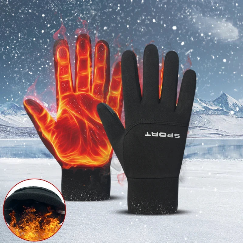 A black sports glove is shown with bright orange flames emanating from the palm against a snowy outdoor background.