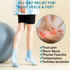A person wearing blue compression socks is shown next to a gray exercise ball, with an inset showing relief for foot pain.