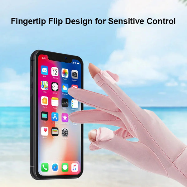 A hand wearing pink cycling sun protection gloves is touching a smartphone displaying a fingerprint flip design.