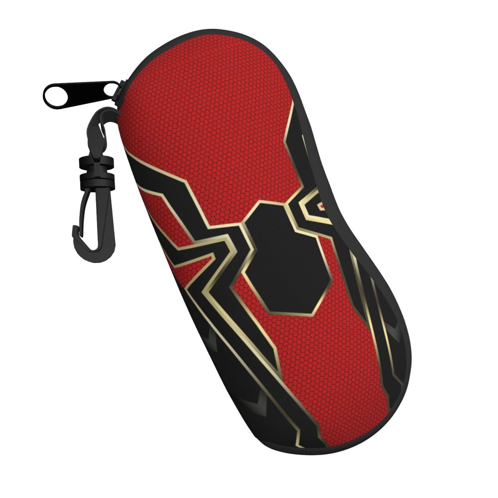 A red and black patterned pouch designed to hold a pair of spider web eyeglasses.