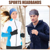 Two models wearing sports headbands, one woman in a white and blue jacket and one man in a dark blue jacket.