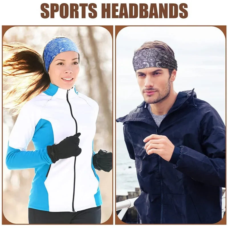 Two models wearing sports headbands, one woman in a white and blue jacket and one man in a dark blue jacket.
