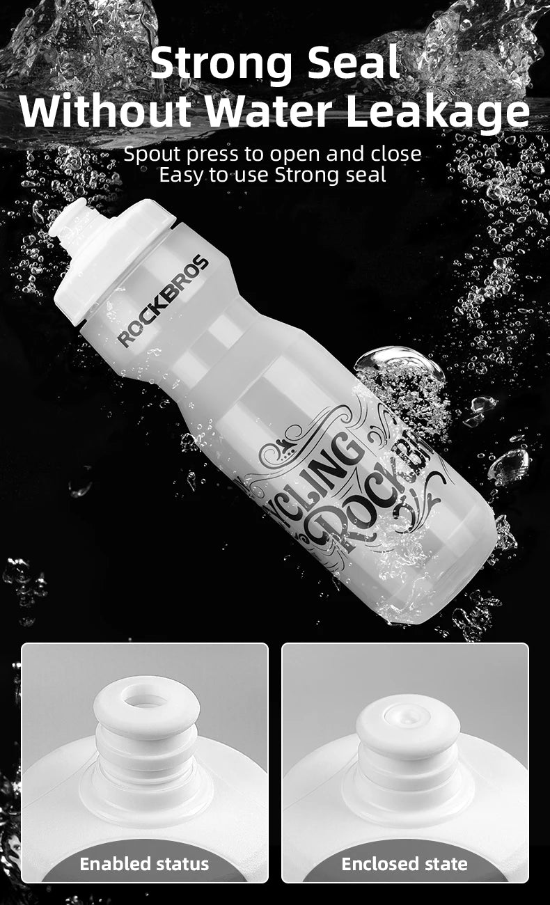 Bouteille d'eau pour vélo transparente avec mécanisme de scellement solide, ouverte et fermée.