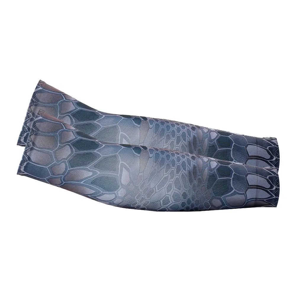 A pair of dark gray cooling arm sleeves with a reptilian scale pattern.