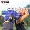 A hand wearing a blue and gray PGA Pro Golf Master glove, holding a golf club.