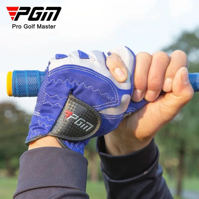 A hand wearing a blue and gray PGA Pro Golf Master glove, holding a golf club.