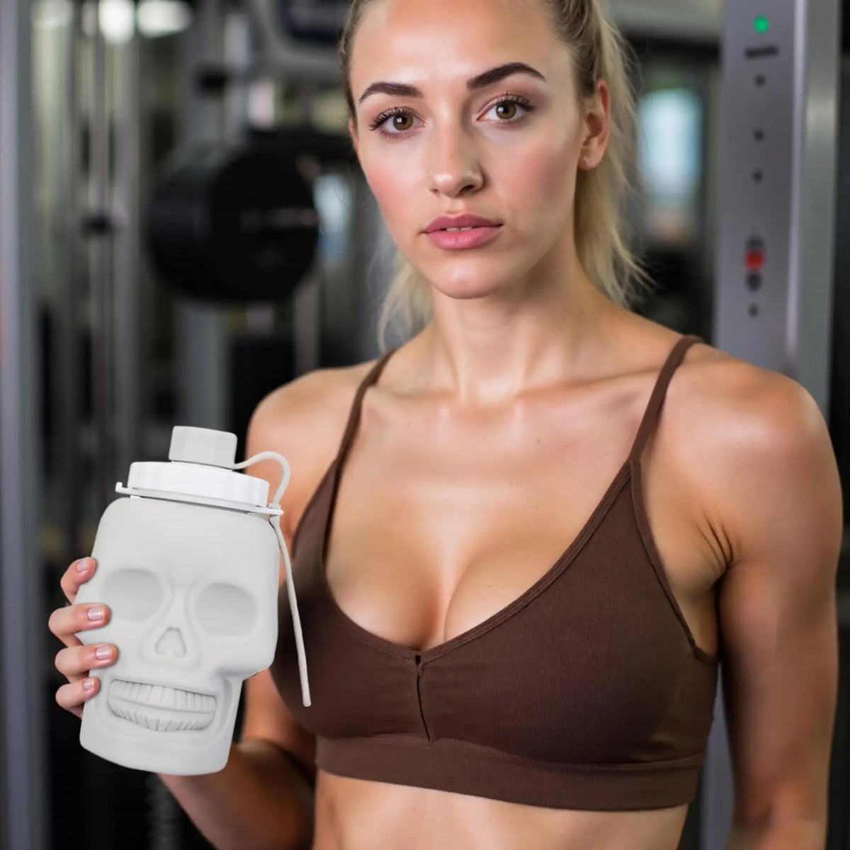 A woman holds a white skull design leakproof foldable sports water bottle in front of her chest.