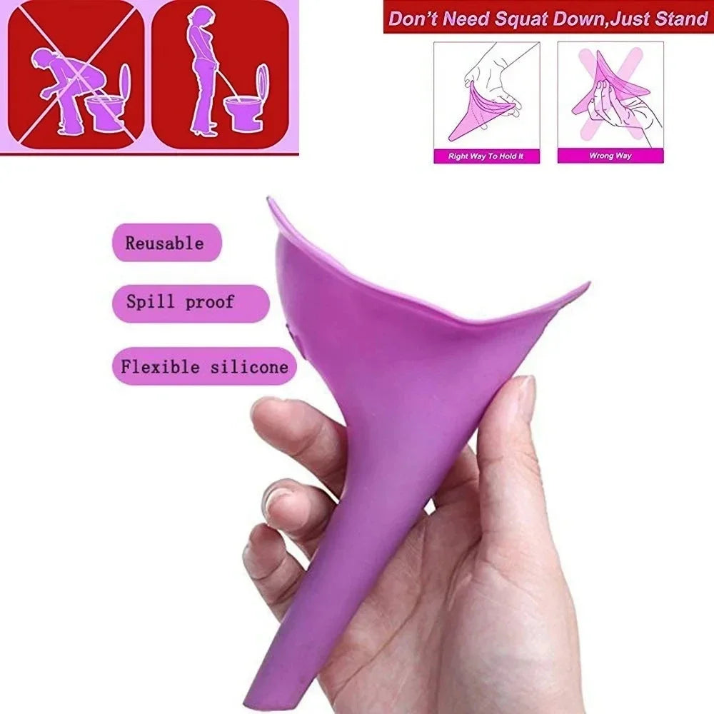 A hand holds a purple flexible silicone portable telescopic urinal for outdoor and travel use.