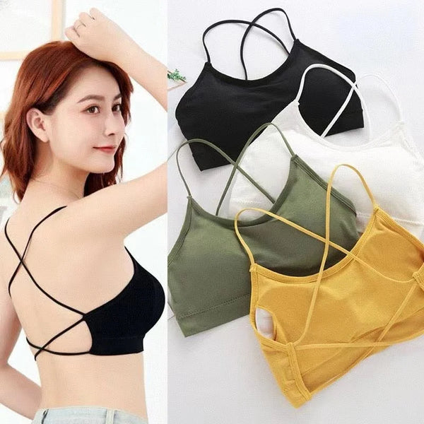 Colección de sujetadores deportivos de tirantes para mujer en negro, verde oliva, blanco y amarillo.