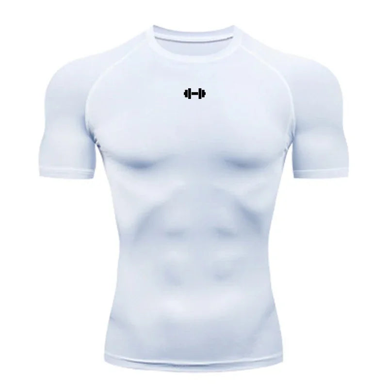 White men's performance compression t-shirt displayed on a mannequin.