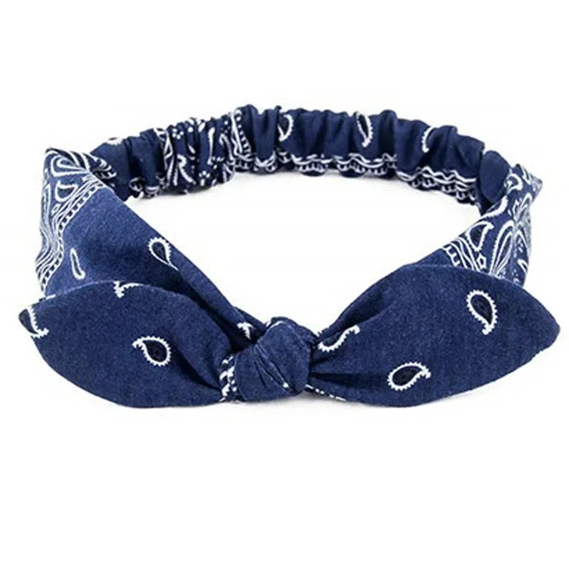 Navy blue boho paisley elastic hair headband with a bow detail