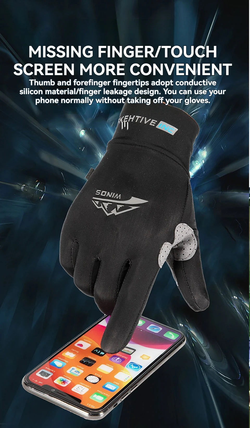 A black glove is shown positioned over a smartphone, demonstrating the convenience of using fingertips to touch the screen.