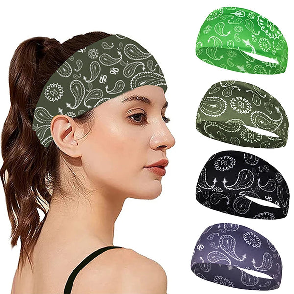 A woman is wearing a green elastic sports headband designed for sweat absorption.