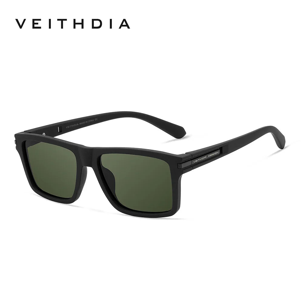 Black square polarized sunglasses with olive green lenses shown against a white background.