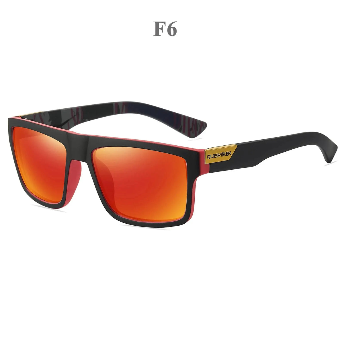 Un par de gafas de sol polarizadas negras con lentes naranjas y montura negra.