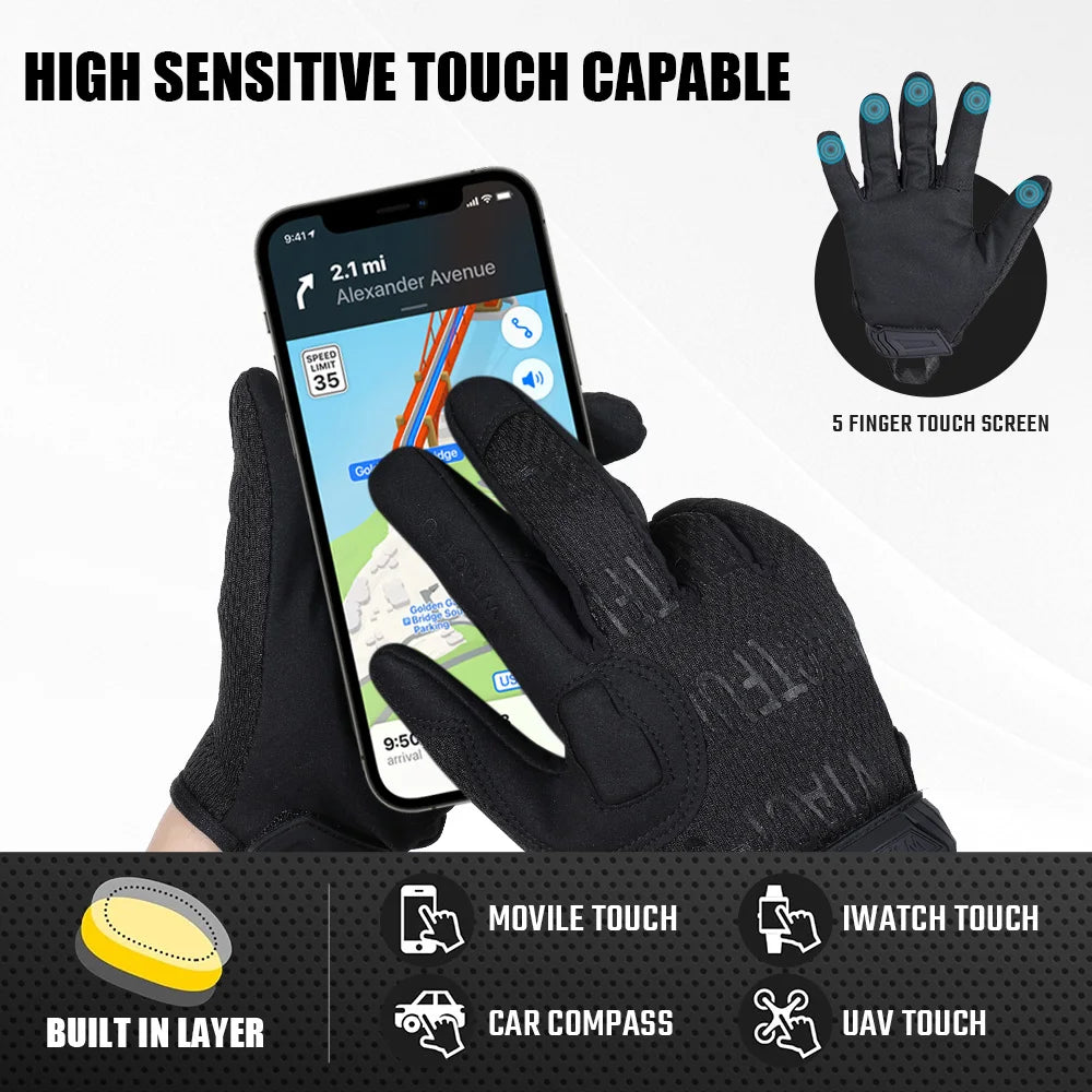 Black tactical touch screen gloves with a finger touchscreen displayed on a smartphone and various touch capabilities shown.