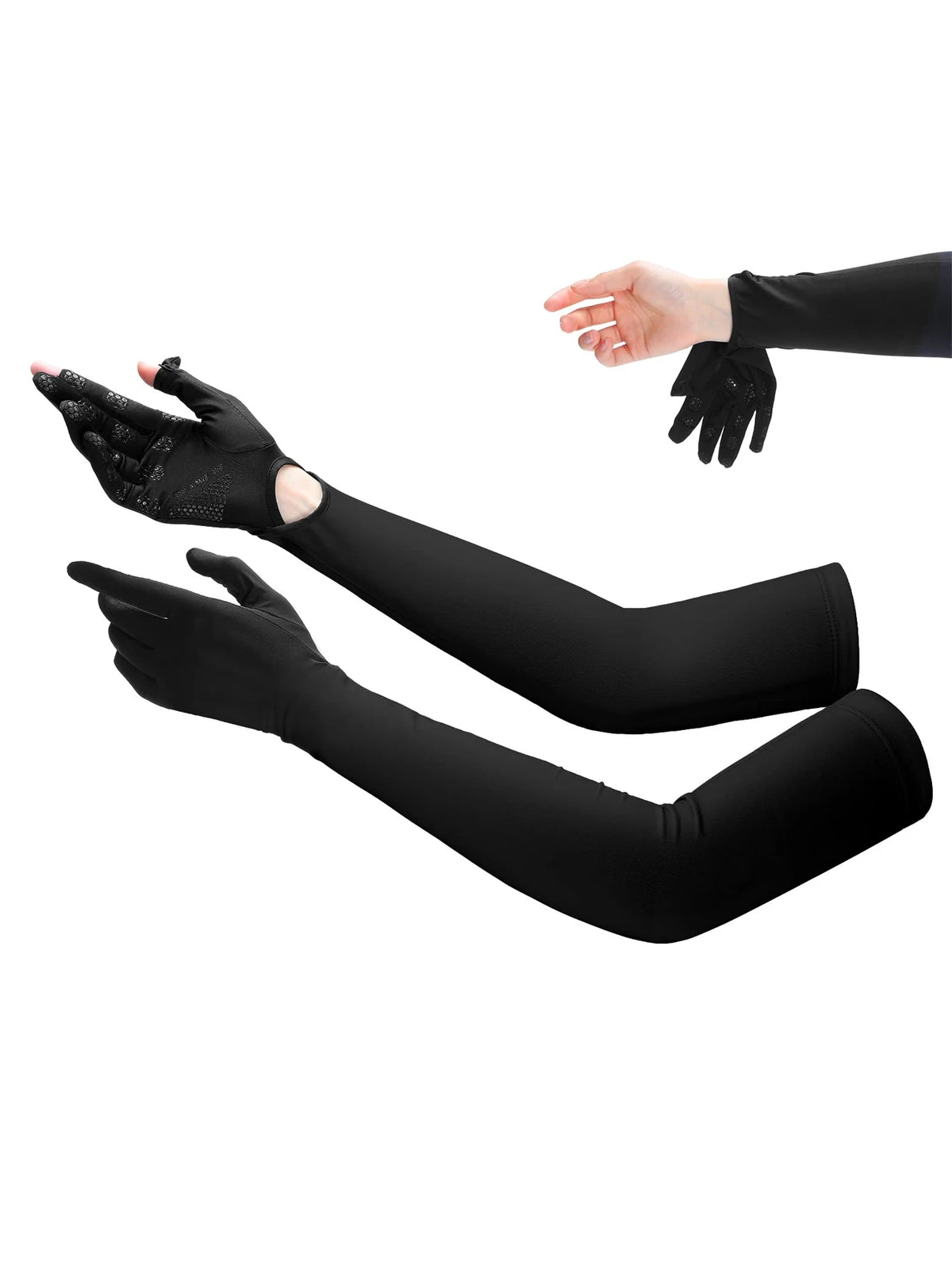 Manguitos elásticos negros de protección UV puestos en la mano y el brazo.