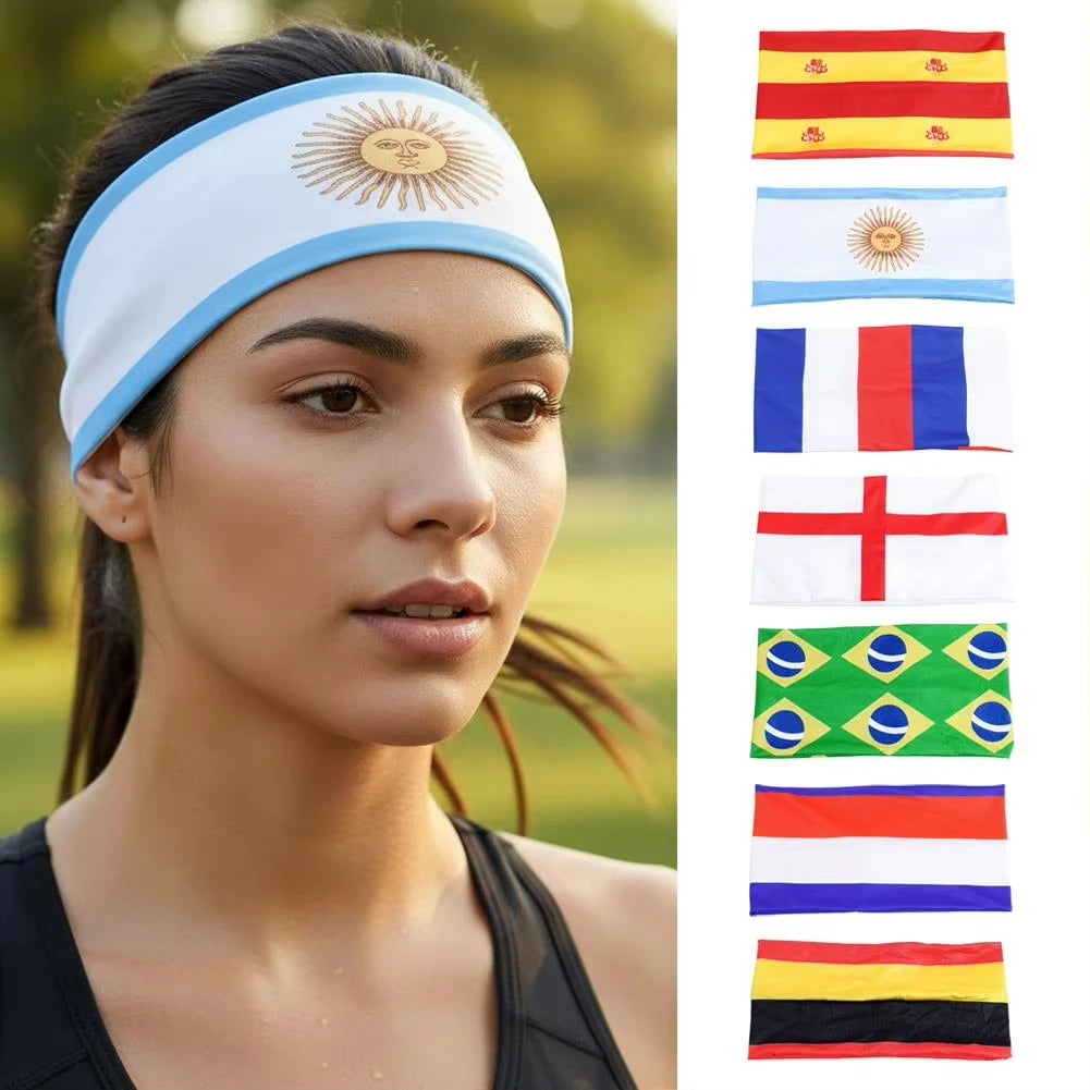Une femme portant un bandeau blanc avec un motif de soleil or, à côté de diverses drapeaux nationaux.