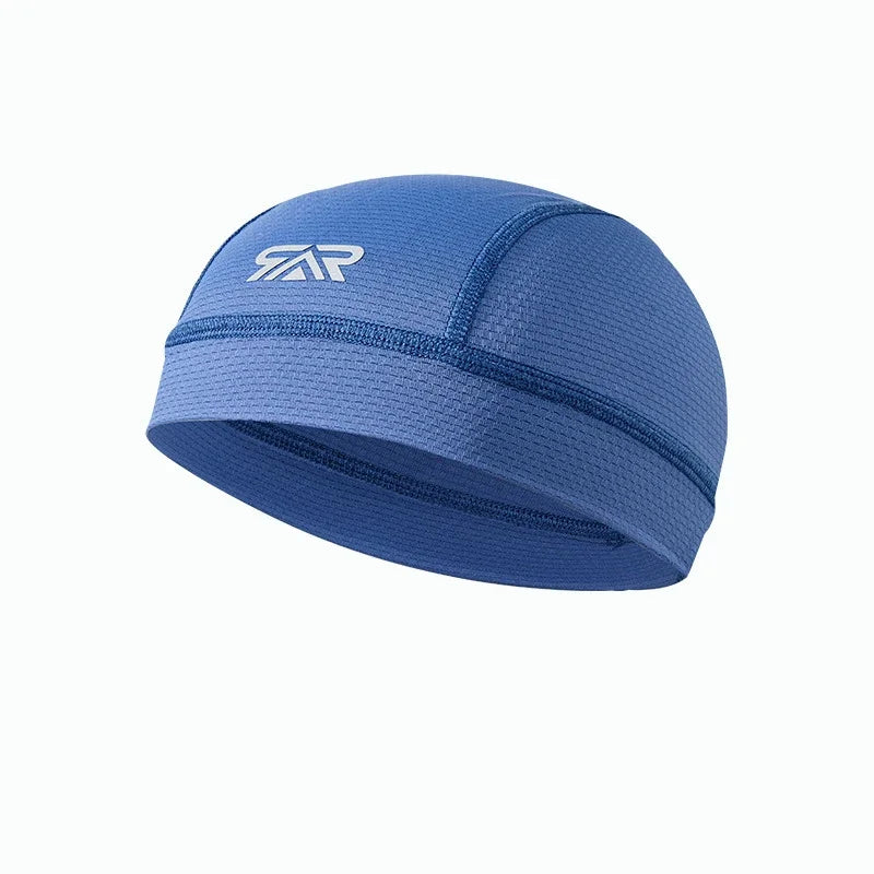 A royal blue cycling cap with a white logo on the front.