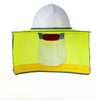 A white safety helmet with a yellow reflective neck shield and a red strap.