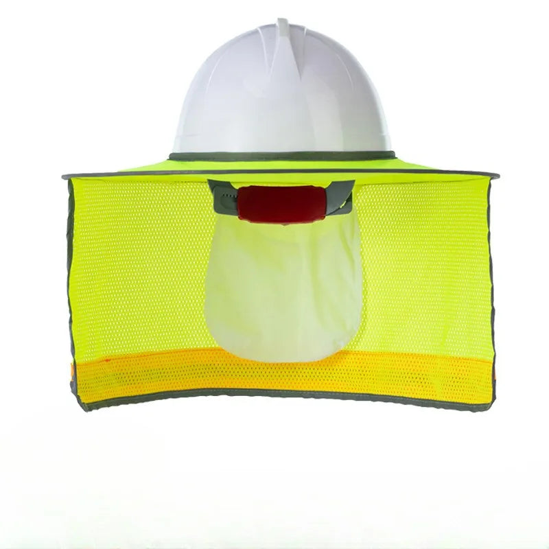 A white safety helmet with a yellow reflective neck shield and a red strap.