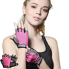 A model is wearing pink fingerless gloves for sports and outdoor activities.