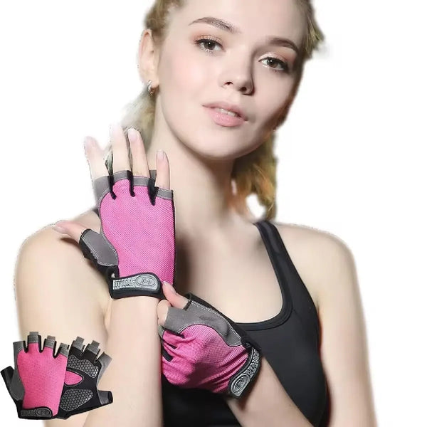 Ein Model trägt pinke Fingerlose Handschuhe für Sport und Outdoor-Aktivitäten.