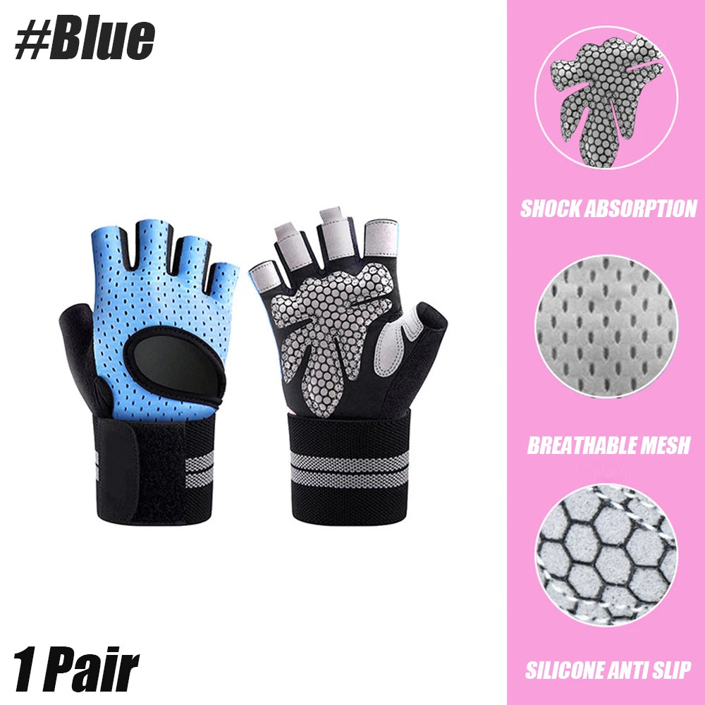 A pair of blue and gray silicone anti-slip hand gloves designed for shock absorption and breathable mesh.