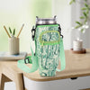 A green marbled patterned water bottle carrier pouch attached to a silver metal container.