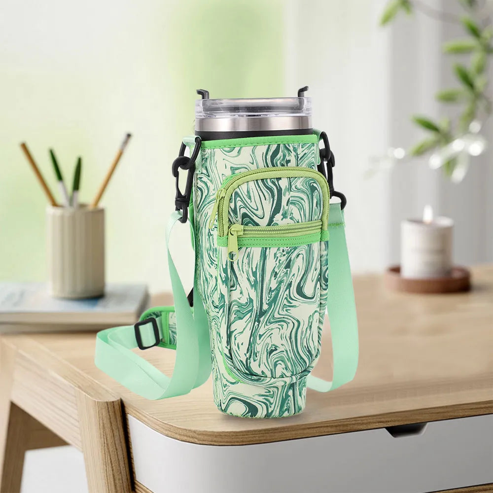 A green marbled patterned water bottle carrier pouch attached to a silver metal container.