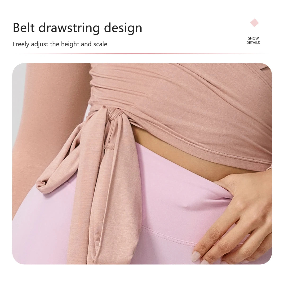 A close-up of a pink breathable top being tied into a belt drawstring design on a woman's torso.