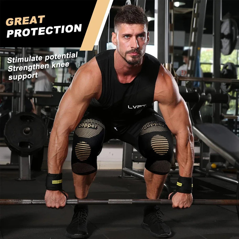 A muscular man demonstrates a copper knee compression sleeve during a workout.