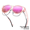 Pink wrap-around sunglasses with clear frames and black arms