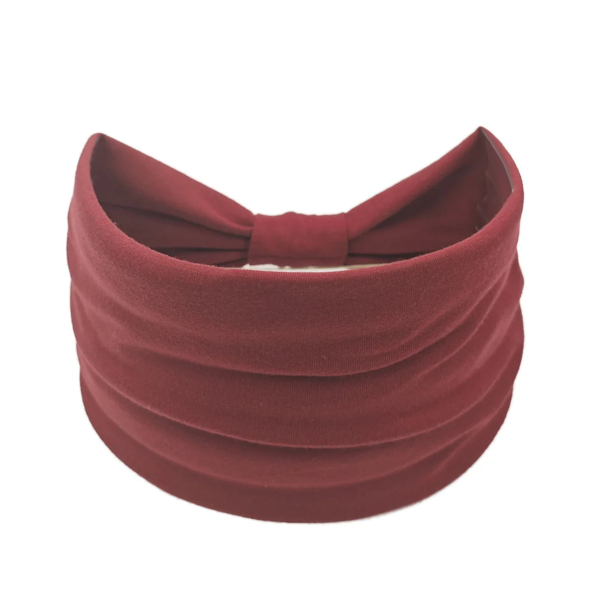 A maroon fabric headband or hair wrap tied in a bow, shown flat.