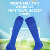 Ein Paar blaue, atmungsaktive, dünne Handtuch-Fußballsocken vor einem grünen Sportfeld.