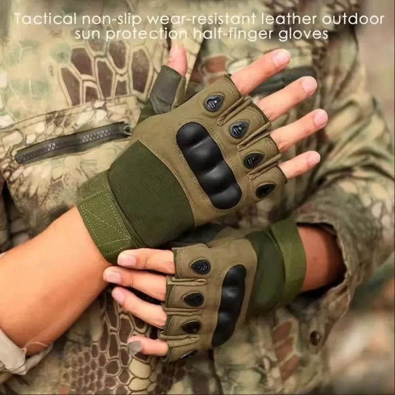 A hand wearing tactical non-slip wear-resistant leather outdoor sun protection half-finger gloves.
