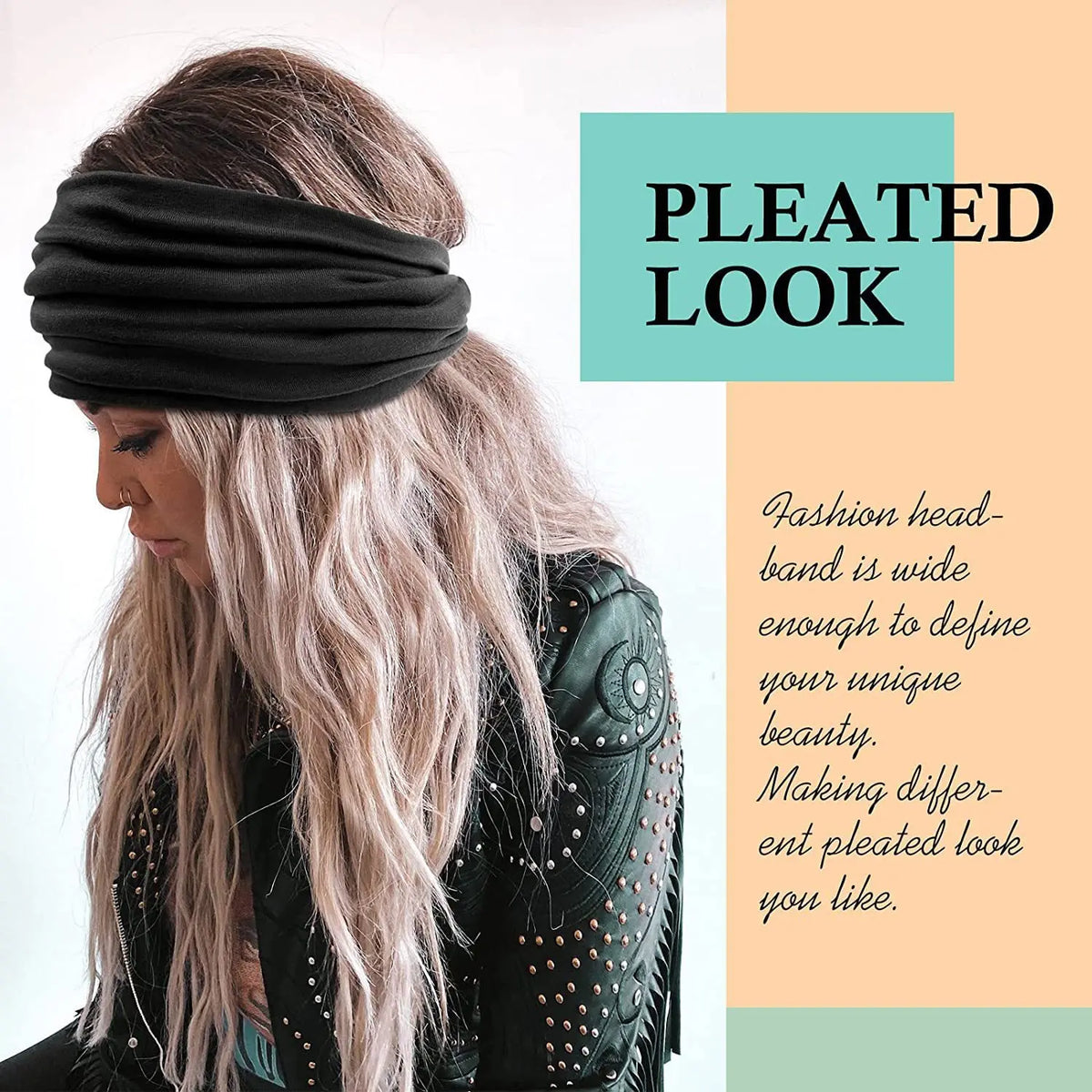 A woman models a black pleated look with a black headband against an orange background.