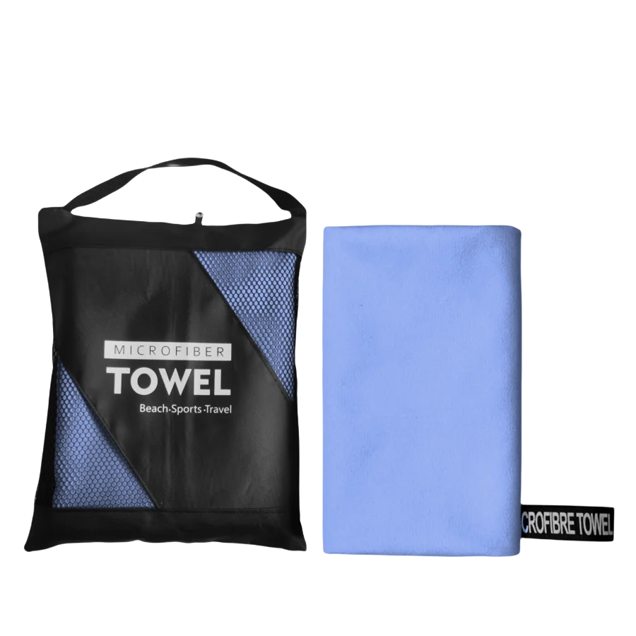 A black microfiber towel bag and a folded light blue microfiber towel are shown.
