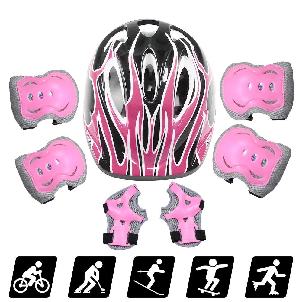 A set of pink and black protective gear for kids including a helmet, knee pads, and wrist guards.