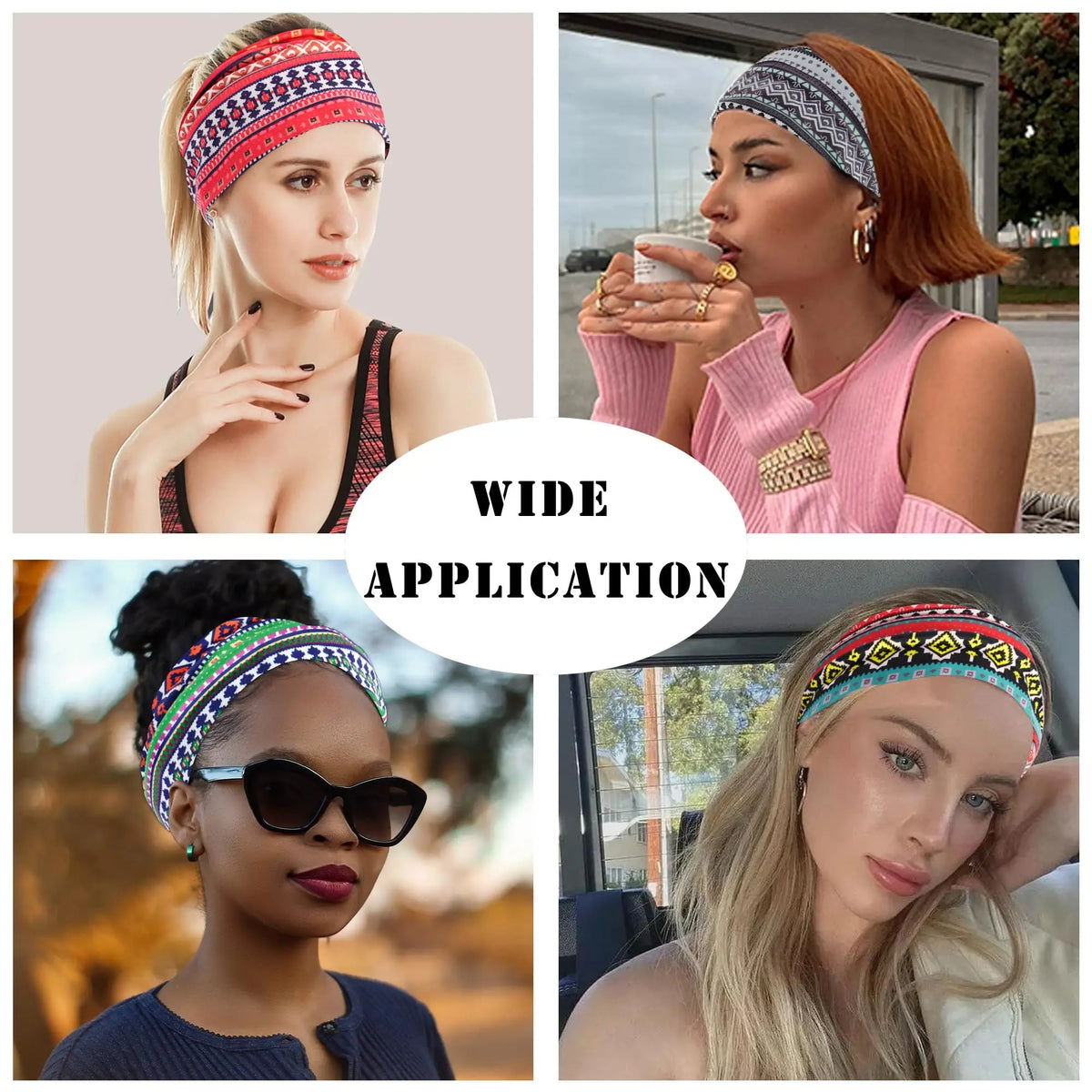 Close-up photos showing women wearing boho cotton turban headbands for workout and yoga