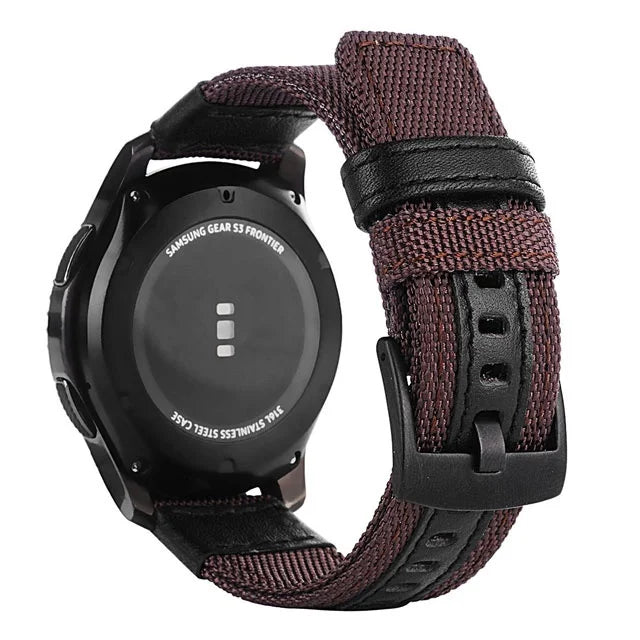 A black Samsung Gear S3 Frontier watch with a dark brown nylon quick release band.